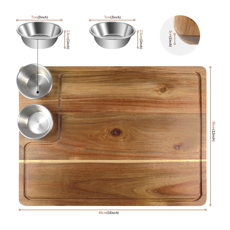 Large Acacia Wood Cutting Board for Kitchen Chopping Board with Juice Groove & stainless steel bowls for Meat