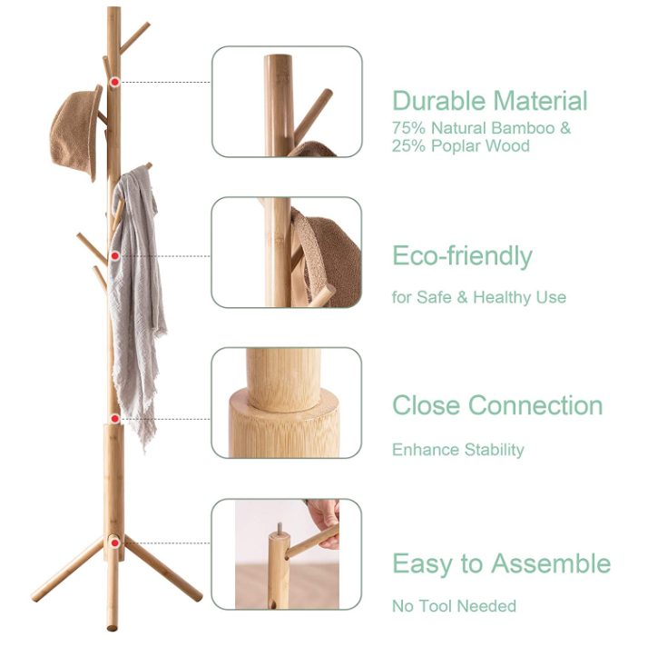 Bamboo Free Standing Coat Rack Hanger Towel Cloth Shelf With 8 Hooks