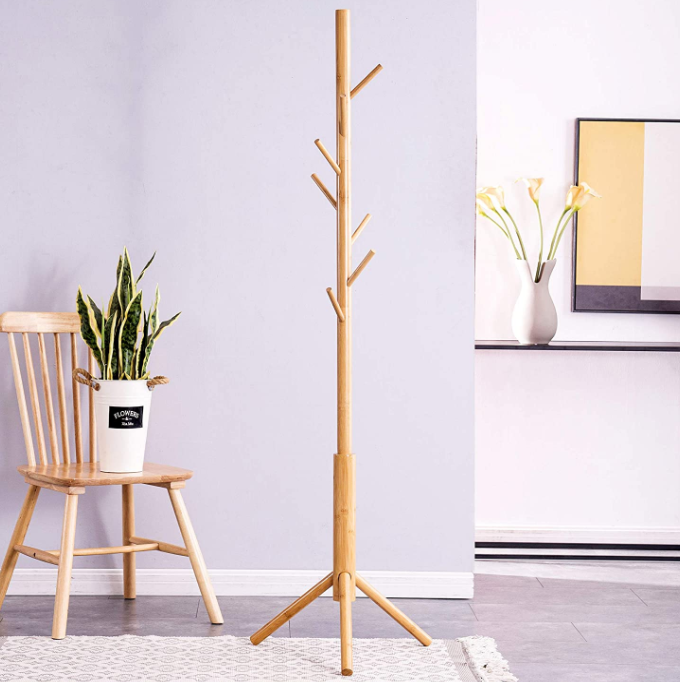 Bamboo Free Standing Coat Rack Hanger Towel Cloth Shelf With 8 Hooks