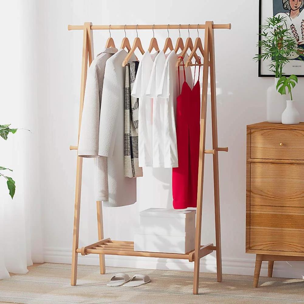 Bamboo Clothing Rack Multifunctional Garment Stand Storage Shelf With Top Rod Organizer Shirt Towel Rack