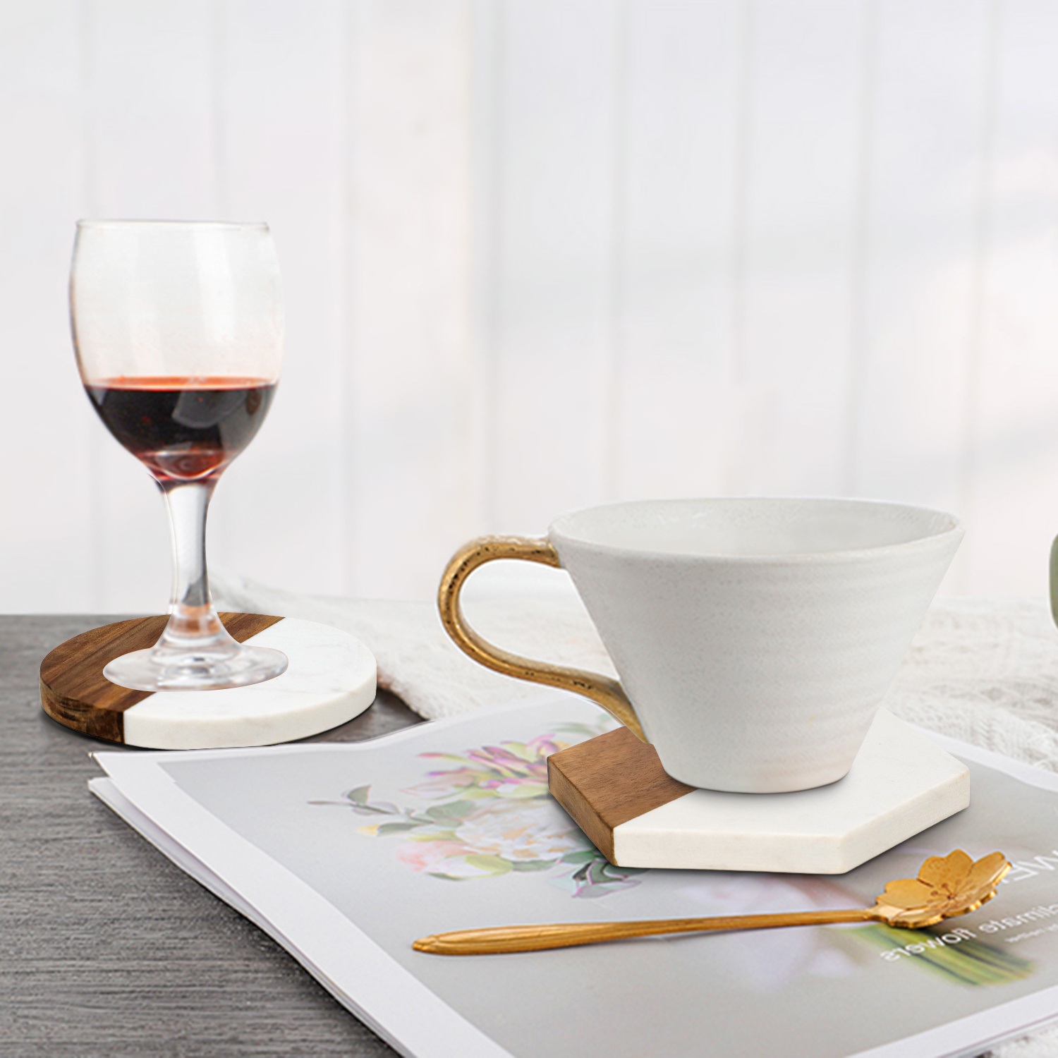 GL Wood and white marble hexagon shape coaster use for Restaurant and Mug Tea Coffee Wine Plate Coasters for home use