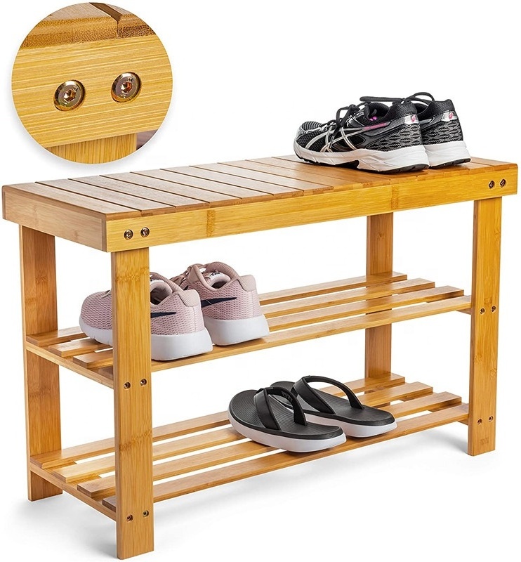 Bamboo 3 Tier Shoe Rack Bench Shoe Organizer Shoe Cubby For Hallway Living Room