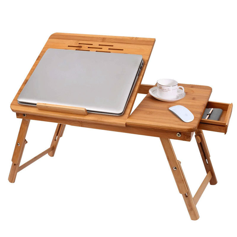 Bamboo Large Foldable Laptop Notebook Stand Desk with Height Adjustable Legs Drawer Cup Holder