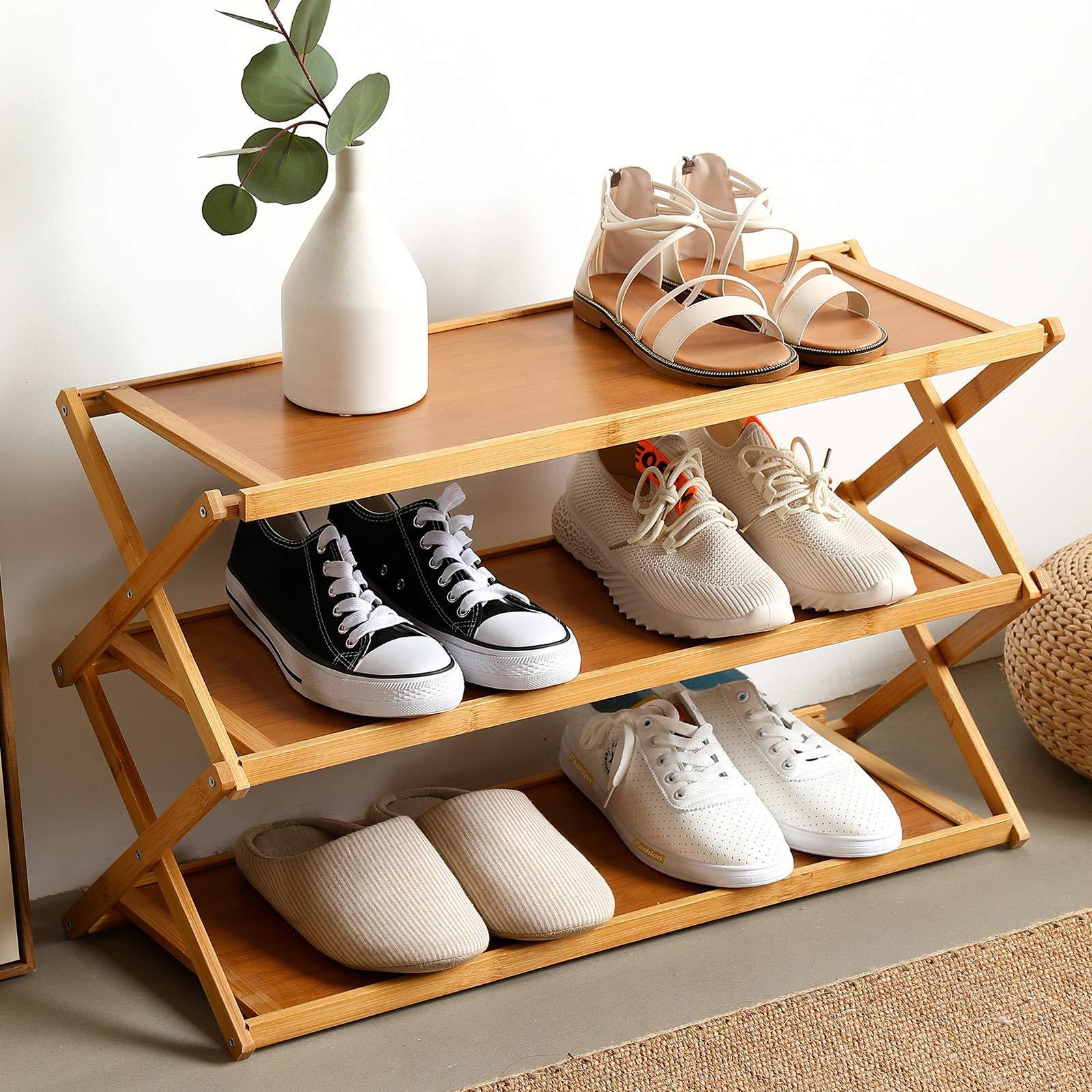 Foldable Small Shoe Rack 3 Tier Bamboo Shoe Rack For Closet Entryway