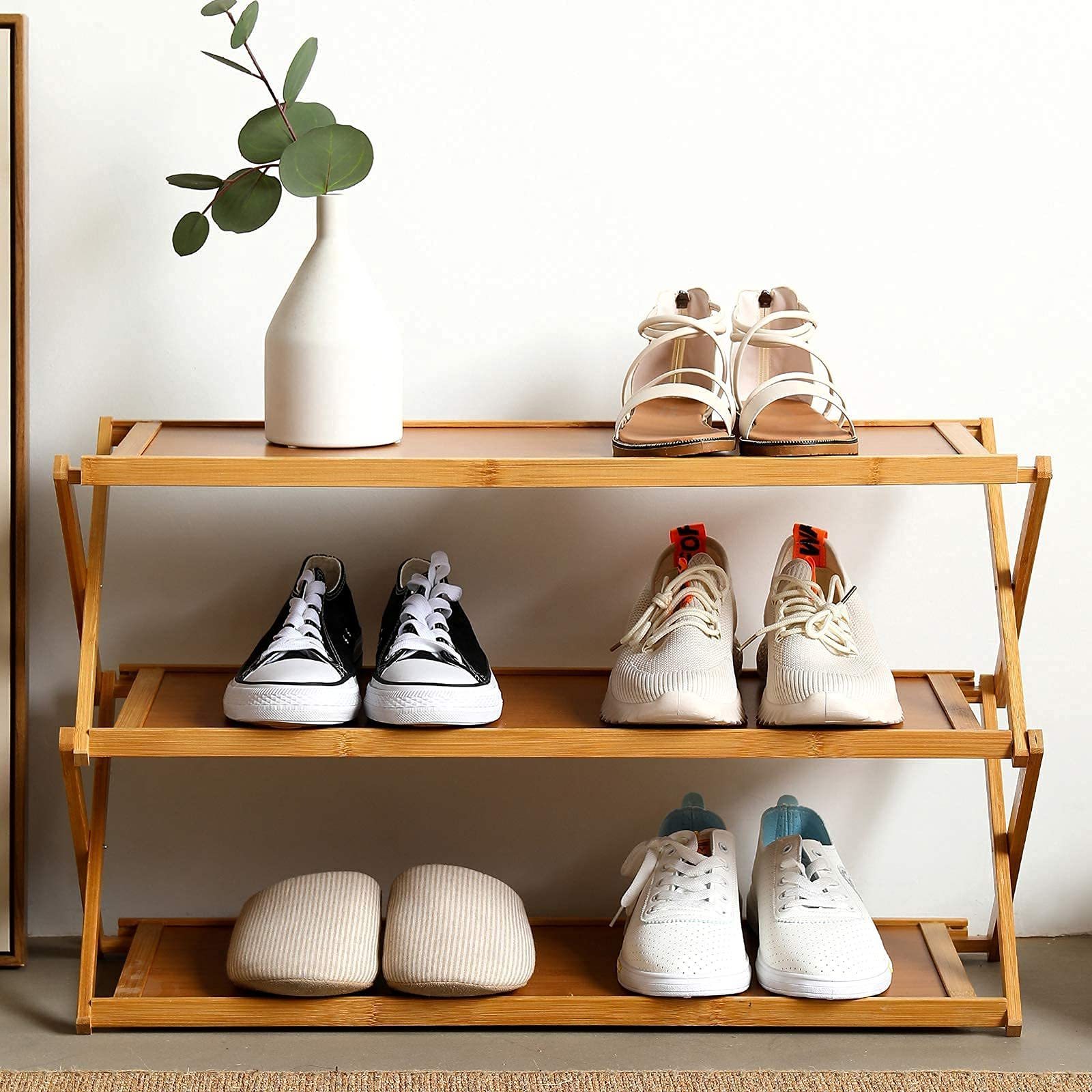 Foldable Small Shoe Rack 3 Tier Bamboo Shoe Rack For Closet Entryway