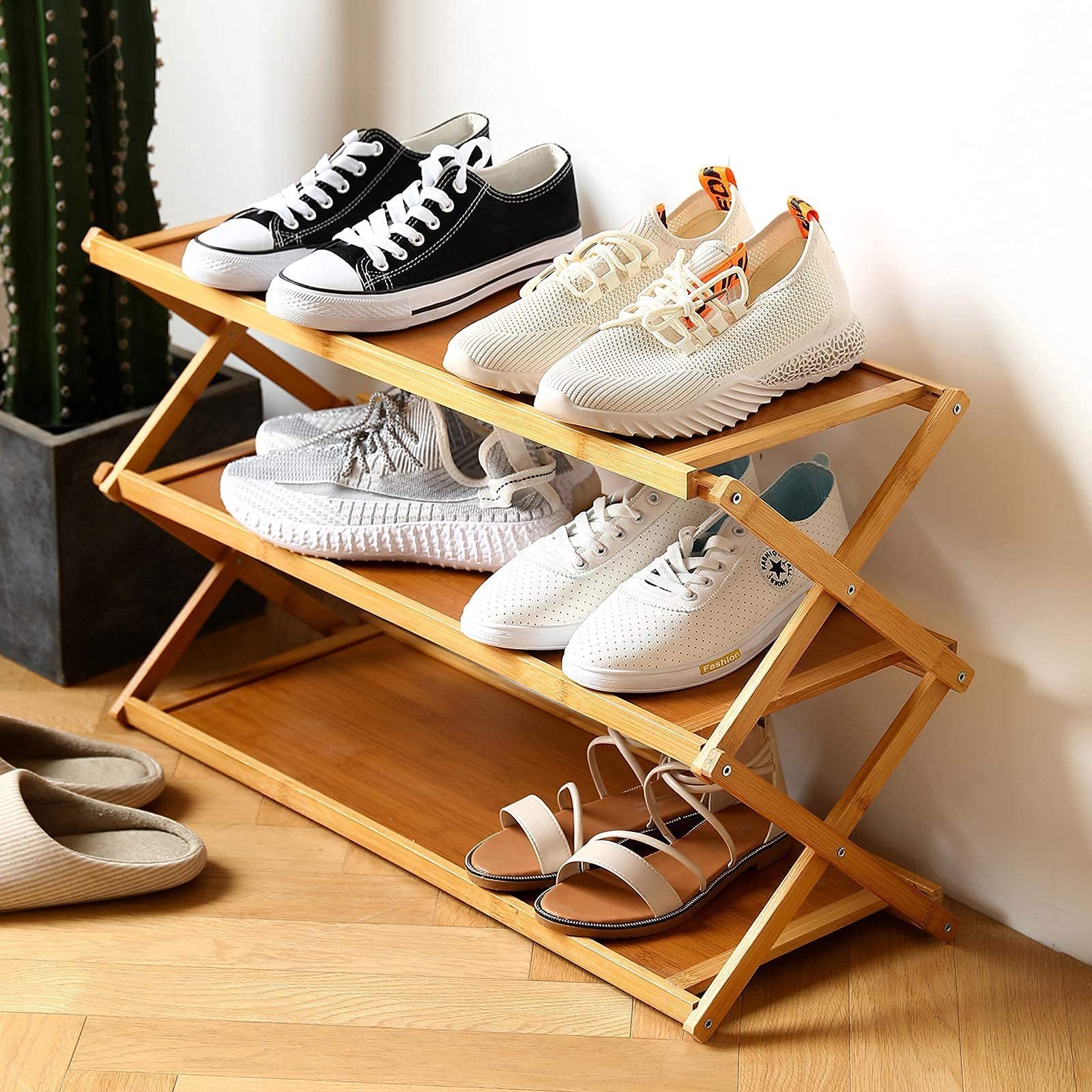 Foldable Small Shoe Rack 3 Tier Bamboo Shoe Rack For Closet Entryway