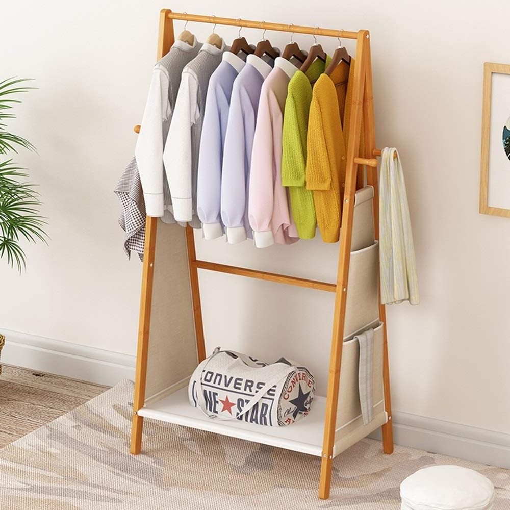 Wooden 3 in 1 Bamboo Coat Stand Hanging Clothes Shoe Storage Shelves Garment Rack Storage Bag Coat Rack