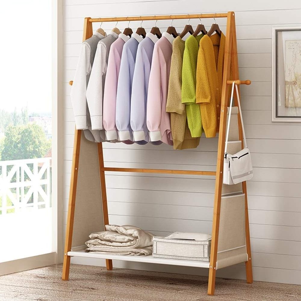 Wooden 3 in 1 Bamboo Coat Stand Hanging Clothes Shoe Storage Shelves Garment Rack Storage Bag Coat Rack