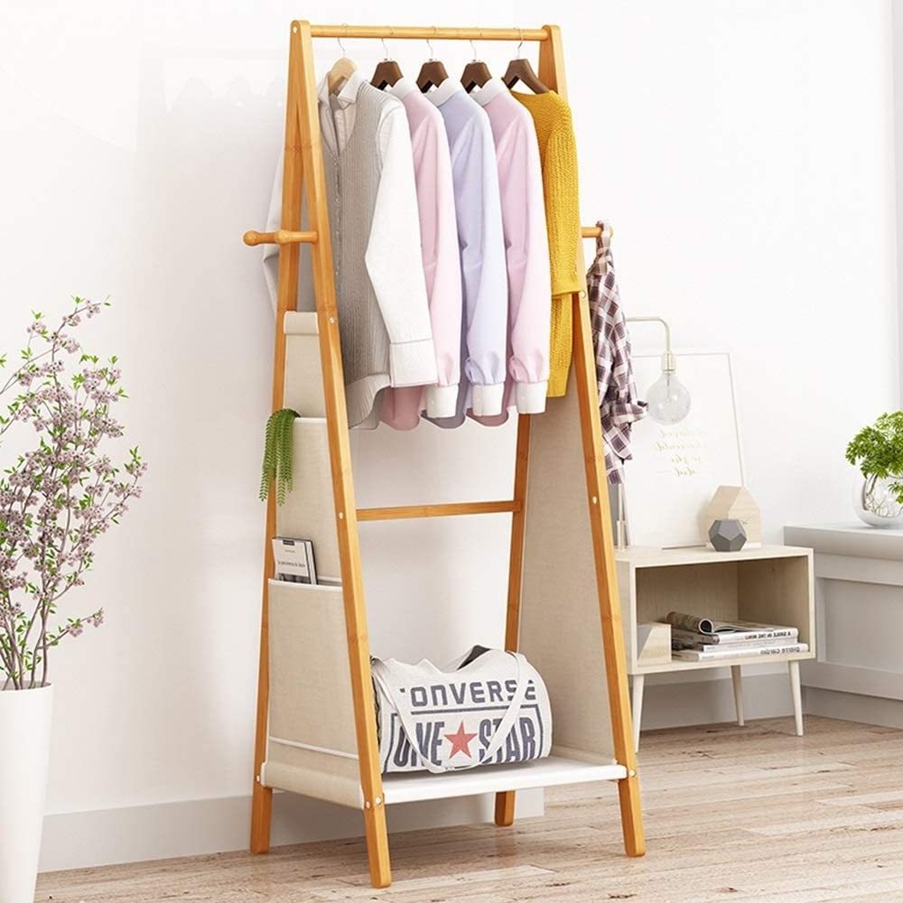 Wooden 3 in 1 Bamboo Coat Stand Hanging Clothes Shoe Storage Shelves Garment Rack Storage Bag Coat Rack