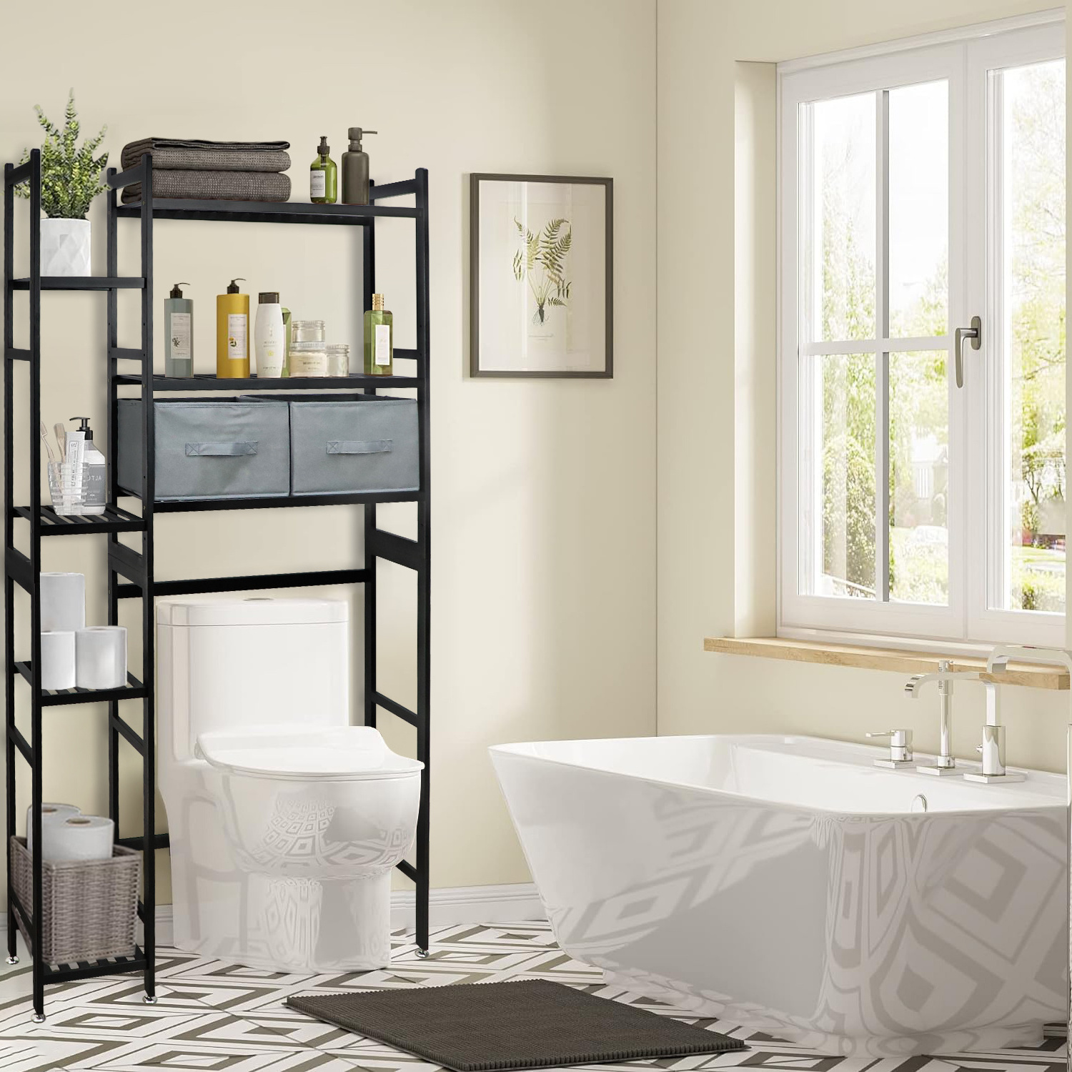 GL Multi Tier Eco-Friendly Storage Organizer Over Toilet Bamboo Rack for Bathroom Storage Shelf Bamboo Over Toilet Rack Shelf