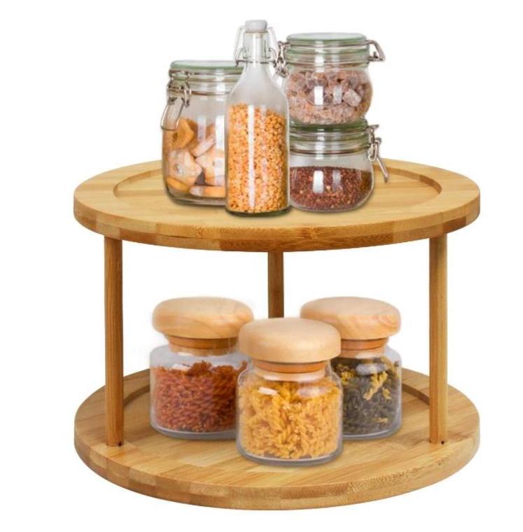 Custom 10 Inch 2-Tier Bamboo Kitchen Counter top Cabinet Rotating Condiments Organizer  Lazy Susan Turntable Spice Rack