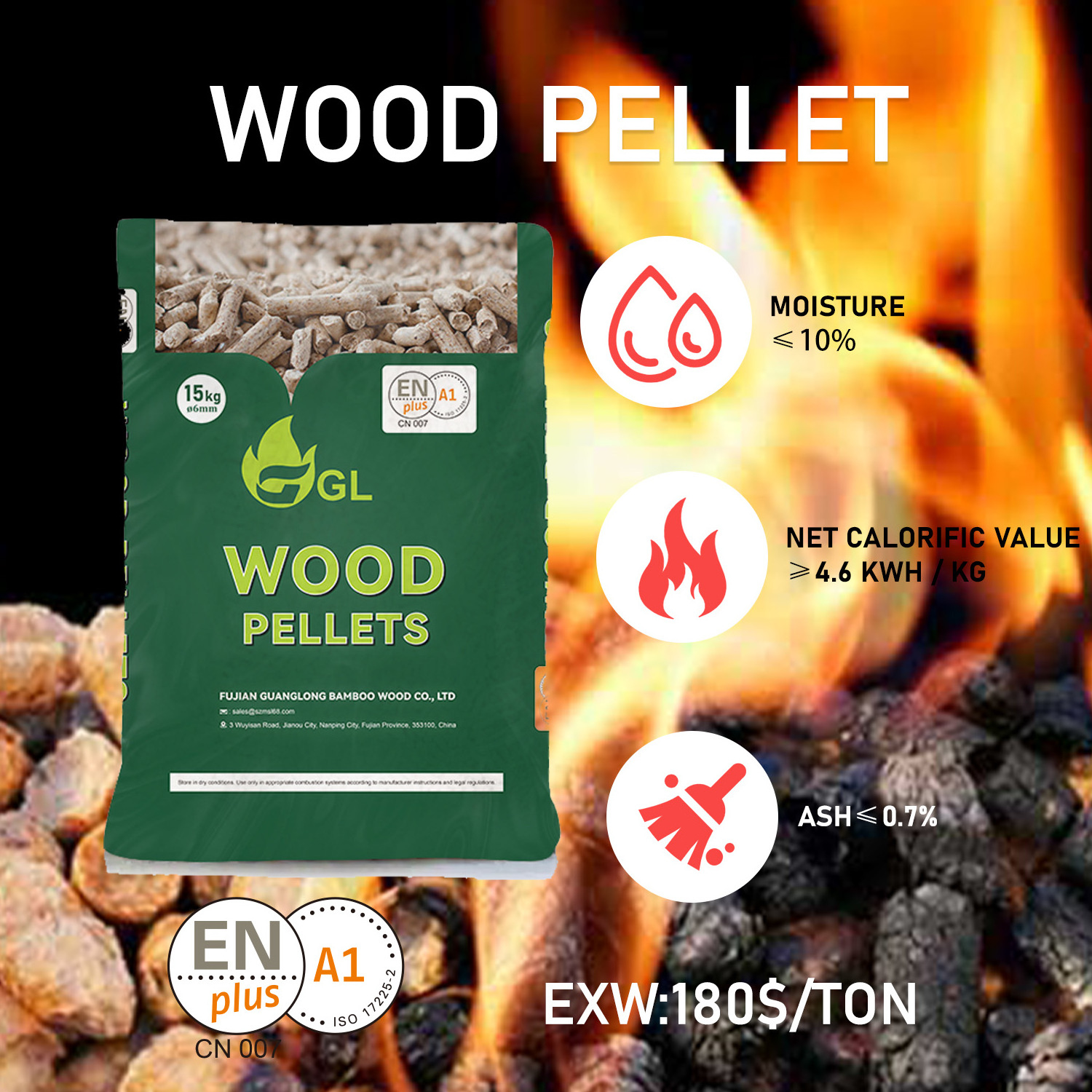 Enplus CN007 A1 Wood Burning High Quality 6mm 15 kg bags Fuel Wood Pellets Manufacturer For Pool Heater OEM Biomass Wood Pellets