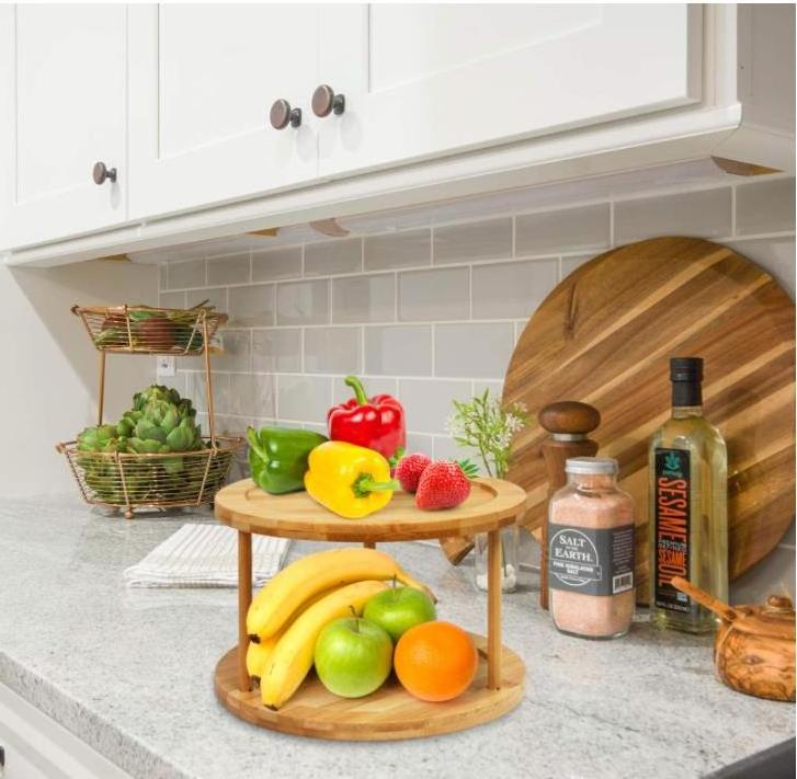 Custom 10 Inch 2-Tier Bamboo Kitchen Counter top Cabinet Rotating Condiments Organizer  Lazy Susan Turntable Spice Rack