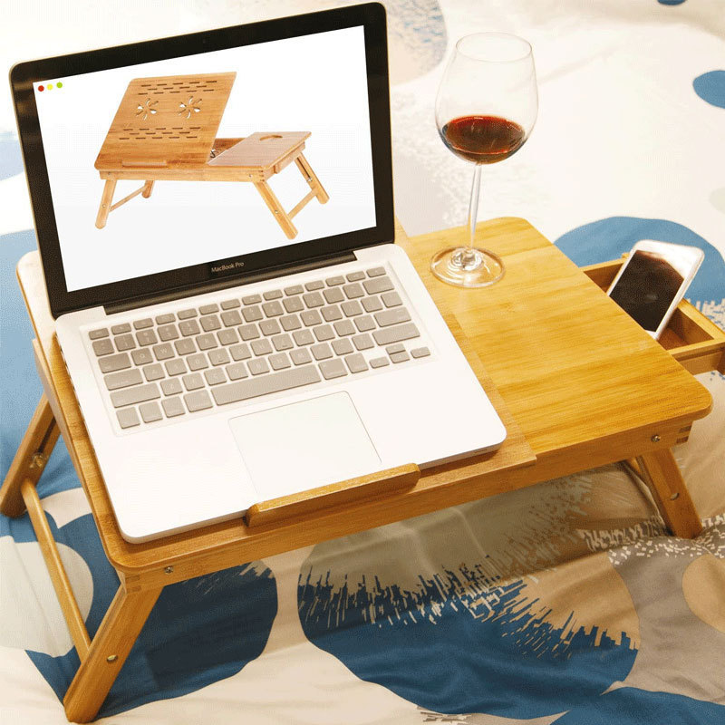 Bamboo Large Foldable Laptop Notebook Stand Desk with Height Adjustable Legs Drawer Cup Holder