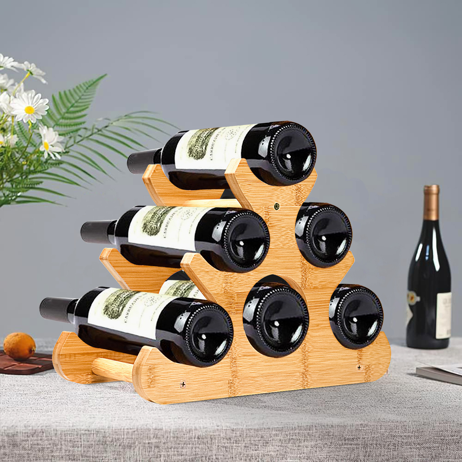 Wholesale Bamboo Countertop Wine Rack 6 Bottle Holder Freestanding Small Wine Bottle Storage Stand for Cabinet, Pantry