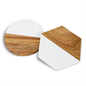 GL Wood and white marble hexagon shape coaster use for Restaurant and Mug Tea Coffee Wine Plate Coasters for home use