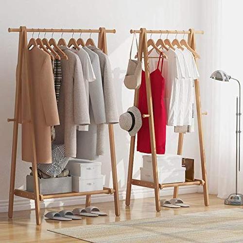 Bamboo Clothing Rack Multifunctional Garment Stand Storage Shelf With Top Rod Organizer Shirt Towel Rack