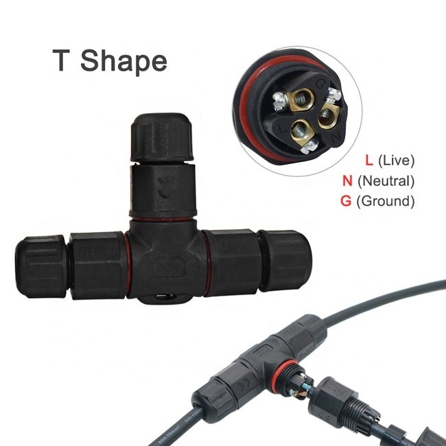 T Shape 3 Pin 250V 24A IP68 Waterproof connector Cable Wire Gland Sleeve connector quick connect waterproof connector