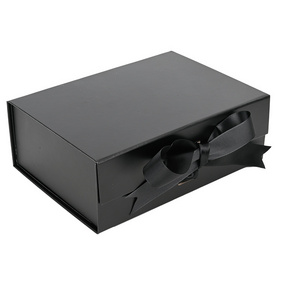 Luxury Black Flap Lid Packaging Rigid Cardboard Bespoke Custom Folding Boxes Magnetic Closure Gift Box With Ribbon