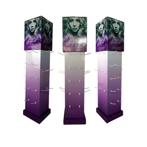 Shenzhen Manufacture Hot Sale Customized Hair Extension Cardboard Display Rack Hook Floor Display Stand Rack