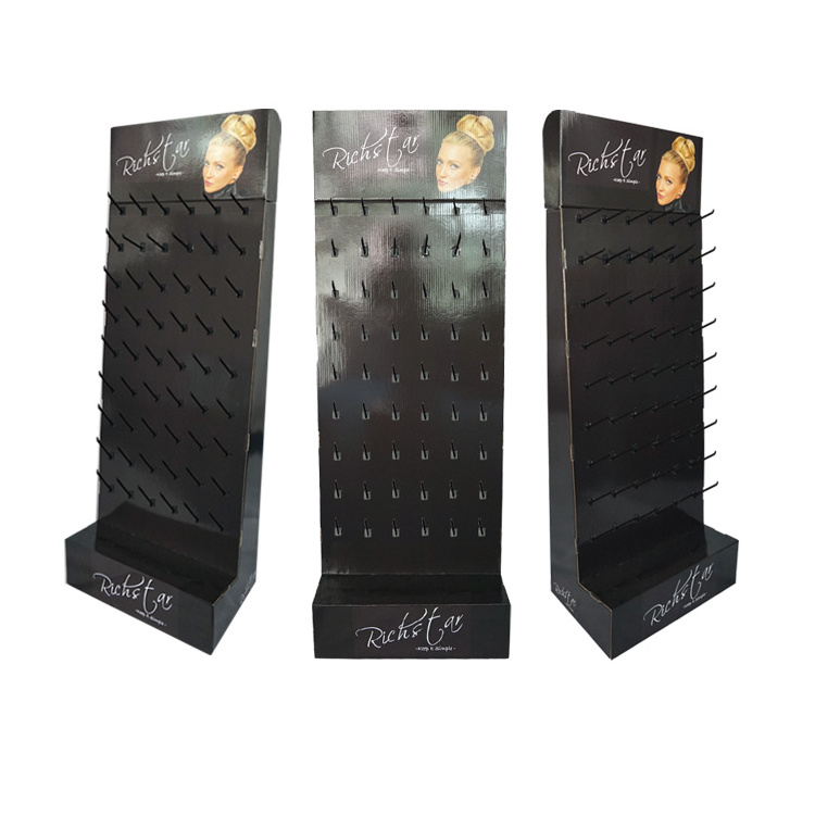 Shenzhen Manufacture Hot Sale Customized Hair Extension Cardboard Display Rack Hook Floor Display Stand Rack