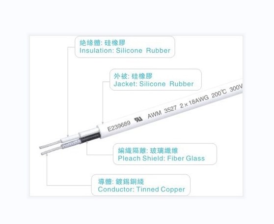 Double Silicone Rubber Insulation Two Cores Wires and Cables UL3527 300V 200C Fiber Grass Pleach Shield