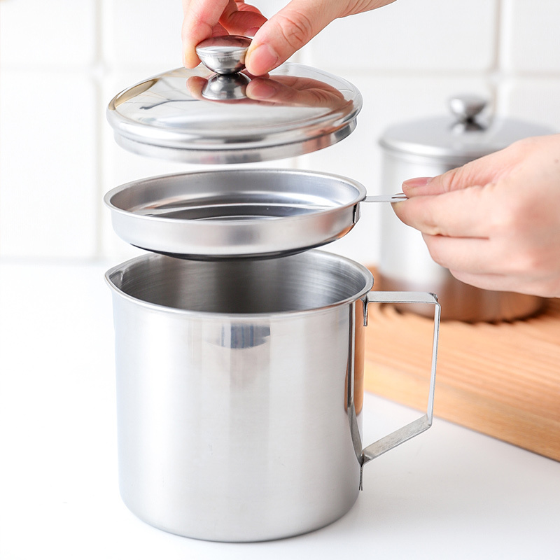 Kitchen  Stainless Steel Frying Oil Filter Storage Can Grease Strainer Pot Container+Lid