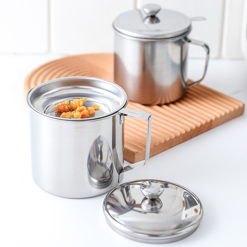 Stainless Steel Oil Strainer Pot Grease Container Oil Storage Can with Strainer and Lid Oil Strainer Pot