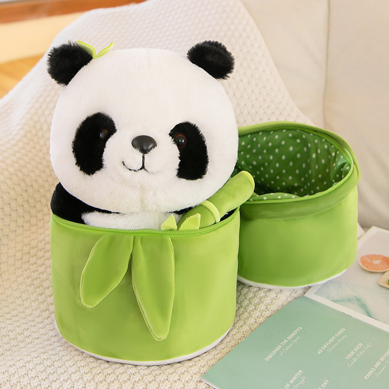 QY Wholesale Creative Artificial Bamboo Tube Flower Panda Plush Pillow Doll Holding Bamboo stuffed Panda Plush Toy