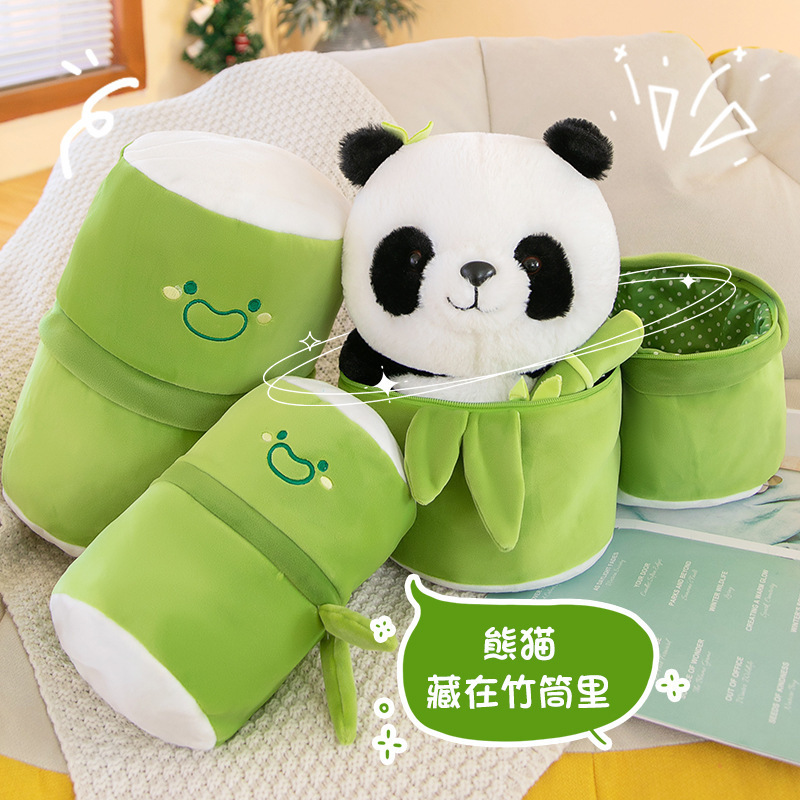 QY Wholesale Creative Artificial Bamboo Tube Flower Panda Plush Pillow Doll Holding Bamboo stuffed Panda Plush Toy