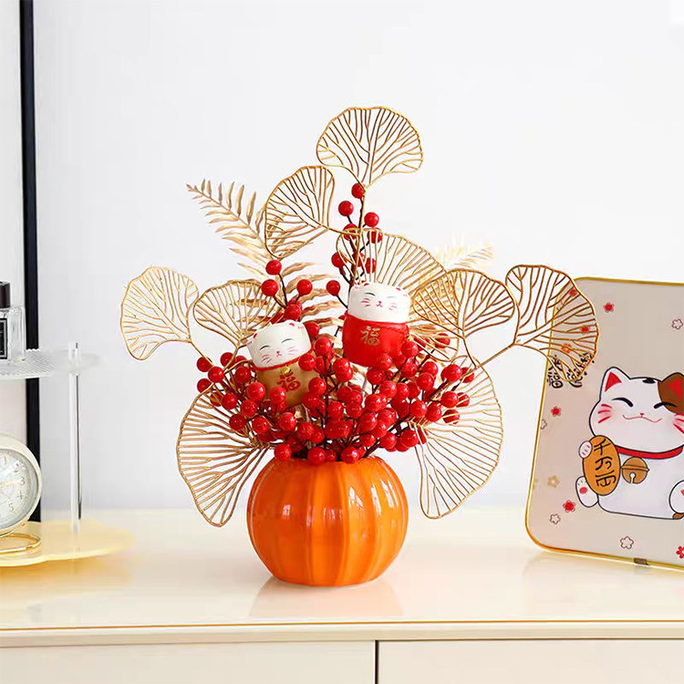 Fruit tree Pumpkin shaped ceramic vase Orange-red flower pot Housewarming accessories Wedding gift Festive decoration