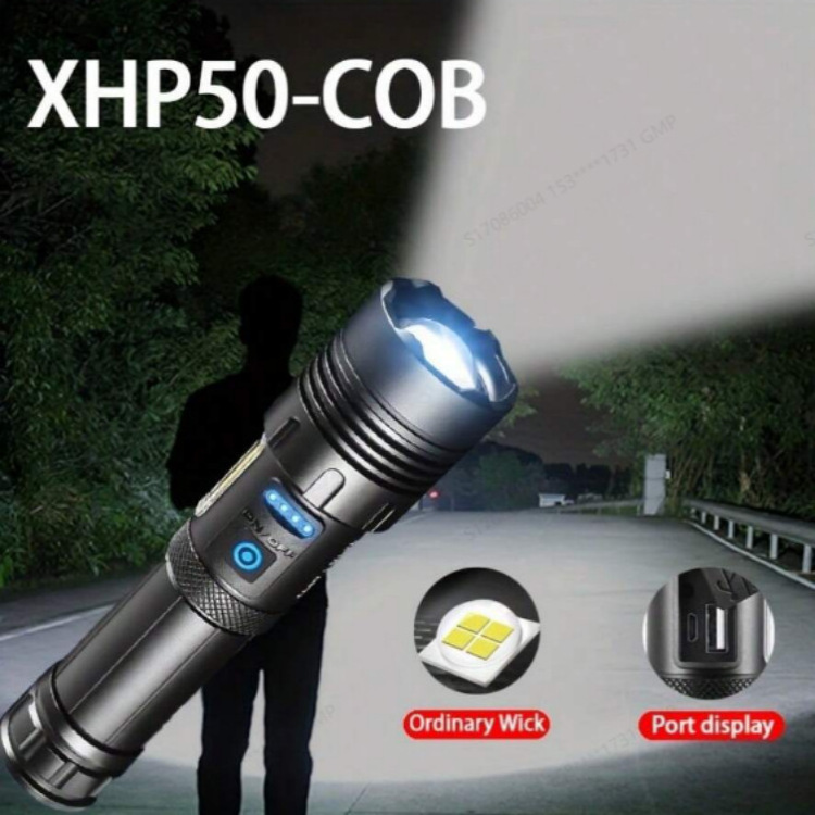 White laser flashlight with telescopic zoom with COB side light USB charging flashlight Strong light multi-functional flashlight