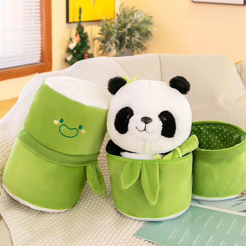 QY Wholesale Creative Artificial Bamboo Tube Flower Panda Plush Pillow Doll Holding Bamboo stuffed Panda Plush Toy