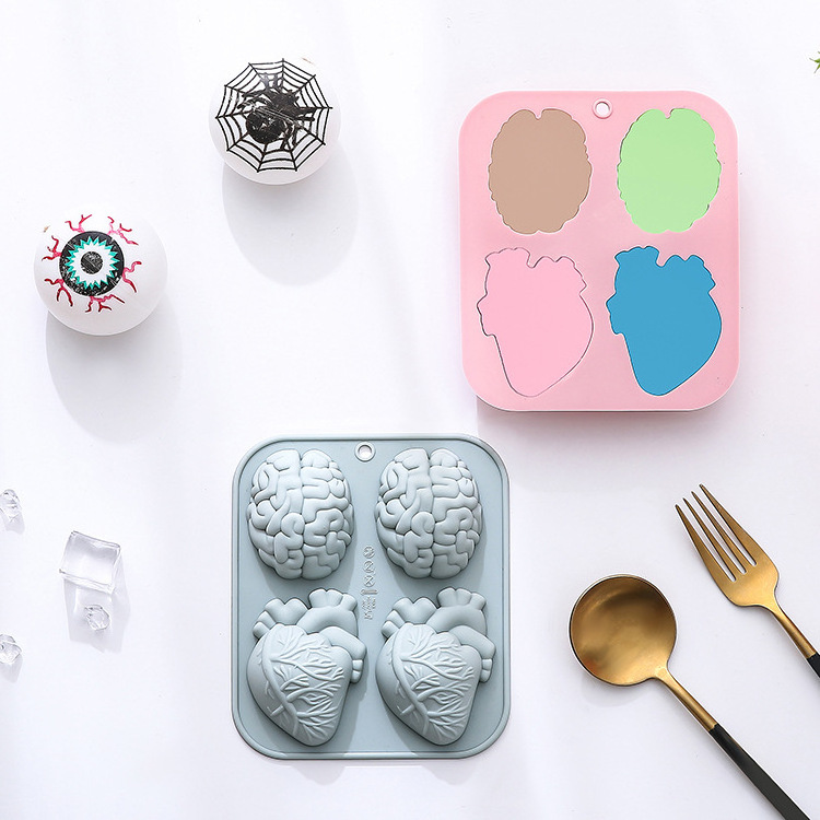 4 Even Brain Heart Modeling Silicone Mold Halloween Cake Mold Handmade Soap Chocolate Baking Mold