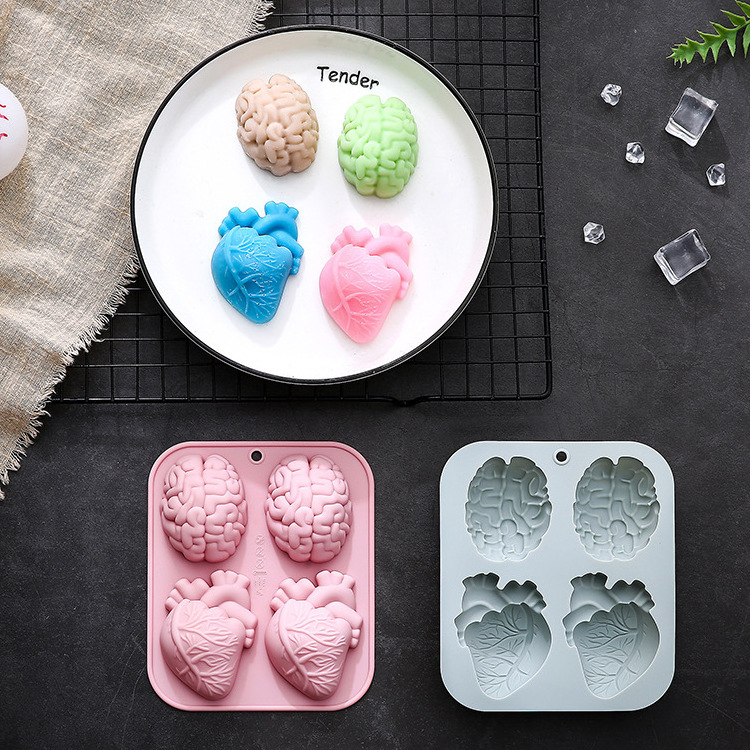 4 Even Brain Heart Modeling Silicone Mold Halloween Cake Mold Handmade Soap Chocolate Baking Mold