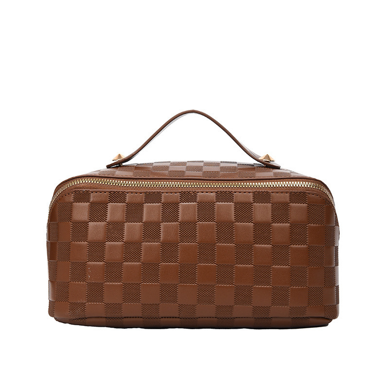 Luxury vintage style Checkerboard PU Leather cosmetic bag Large Capacity travel makeup bag portable brown cosmetic cases