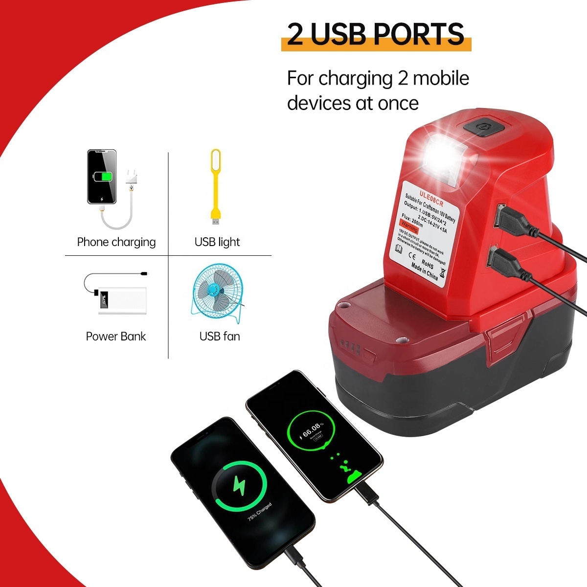 For Craftsman 19.2v Lion Battery Dual USB Converter Port with LED Light Spotlight Outdoor Tent Camping Light For Craftsman