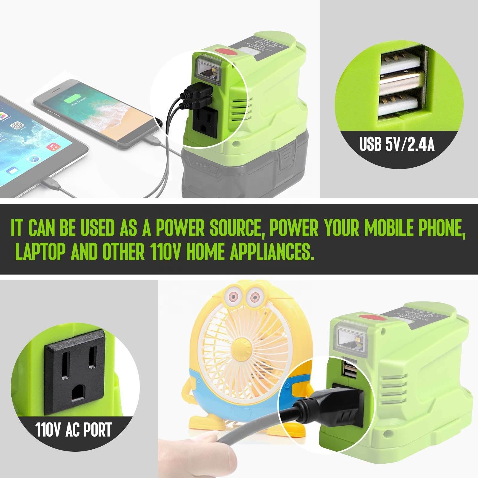 150W Portable Power Source USB Charger Adapter with LED Light USB Ports AC Port for Ryobi Power Station