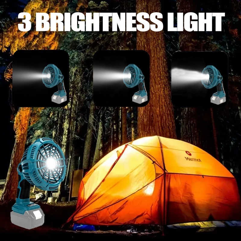 Portable Cordless Fan with LED Light Rechargeable Battery Powered Hand Fan Compatible with Makita Milwaukee for Outdoor Camping