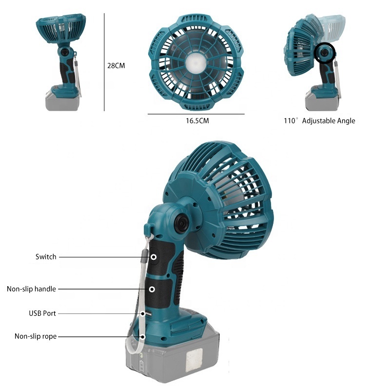 Portable Cordless Fan with LED Light Rechargeable Battery Powered Hand Fan Compatible with Makita Milwaukee for Outdoor Camping