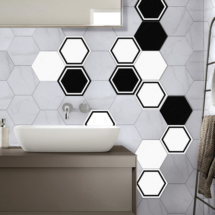 White And Black Mosaic Hexagon Self-adhesive Bathroom Waterproof Wall Tile Floor Stickers