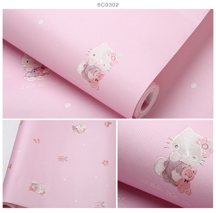 Non-woven Wallpaper Children's Room Cartoon Hello Kitty 3d Kids Room Wallpaper