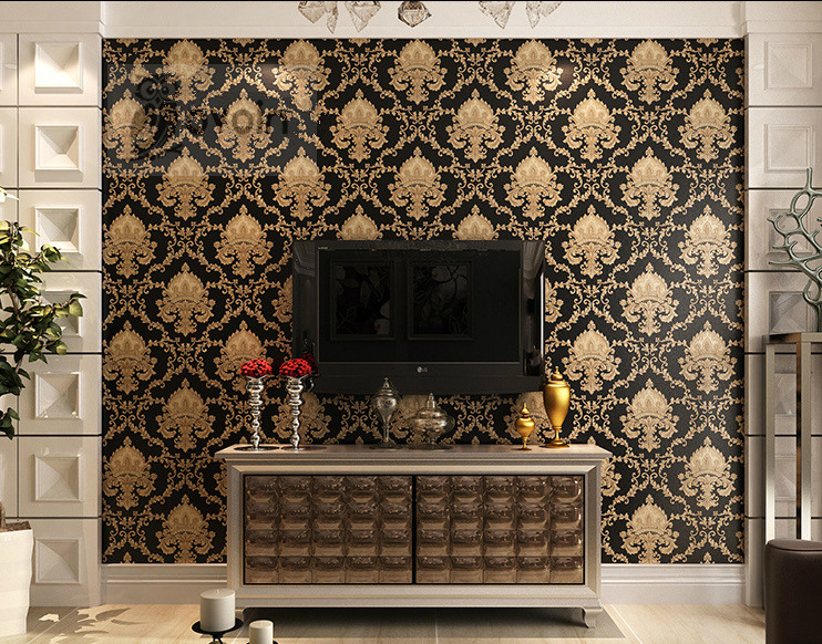 2021 hot goods Black Gold Luxury Embossed Texture Metallic 3D Damask Wallpaper Vinyl PVC Wall Paper