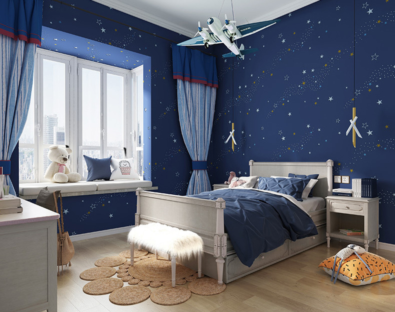 Modern Custom  Ahlstrom Non-Woven Sky Star Glitter New Design Blue Wallpaper Roll For Kids Room