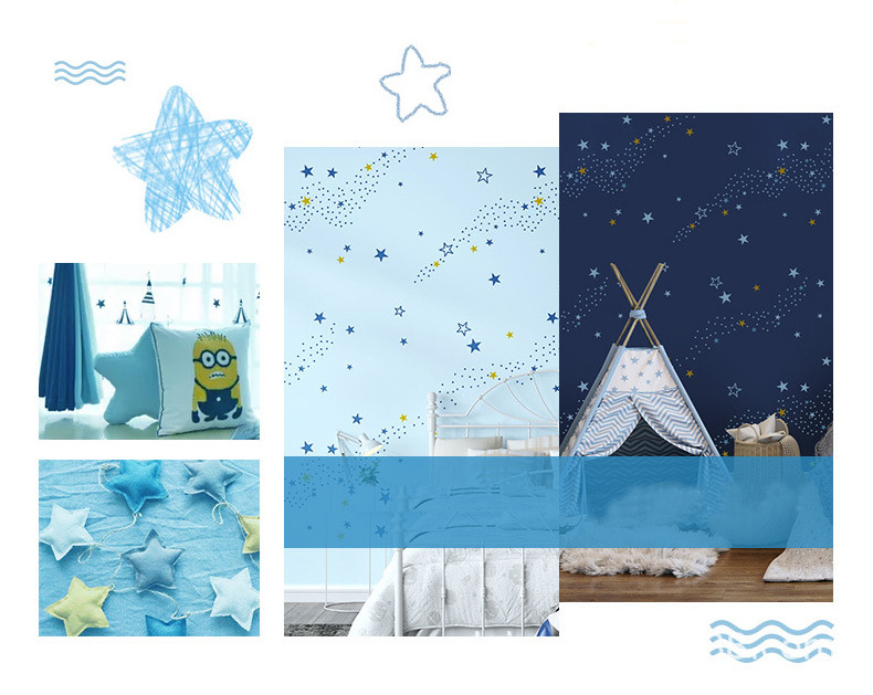 Modern Custom  Ahlstrom Non-Woven Sky Star Glitter New Design Blue Wallpaper Roll For Kids Room