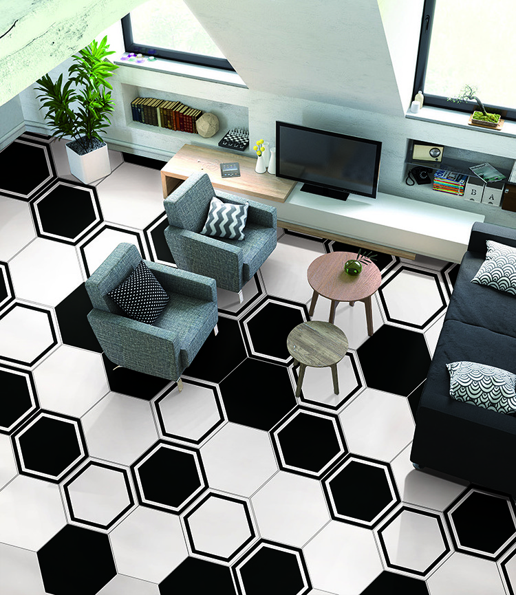 White And Black Mosaic Hexagon Self-adhesive Bathroom Waterproof Wall Tile Floor Stickers