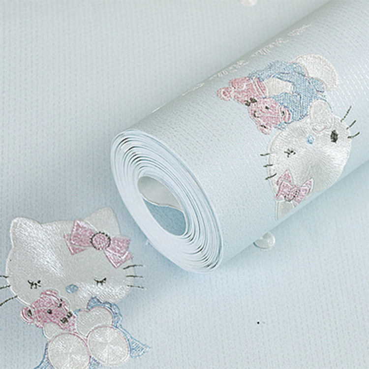 Non-woven Wallpaper Children's Room Cartoon Hello Kitty 3d Kids Room Wallpaper