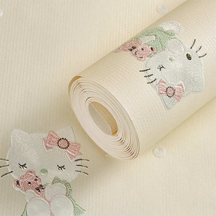 Non-woven Wallpaper Children's Room Cartoon Hello Kitty 3d Kids Room Wallpaper