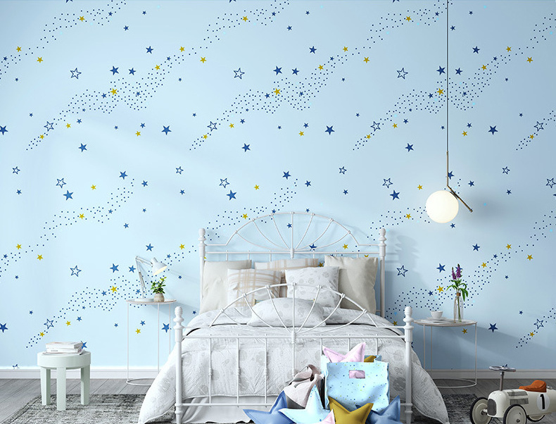 Modern Custom  Ahlstrom Non-Woven Sky Star Glitter New Design Blue Wallpaper Roll For Kids Room