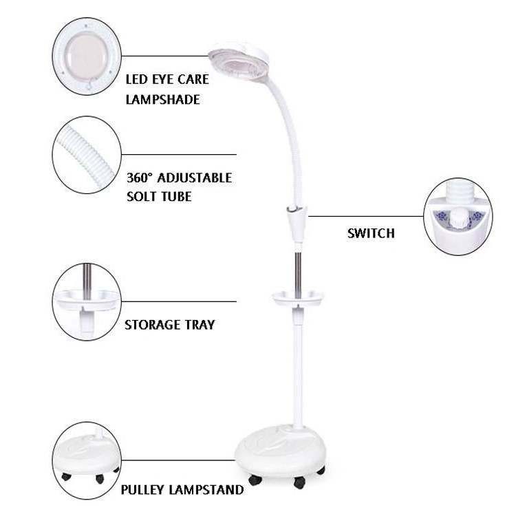 2023 With Trays Wheel Aesthetic For Skin Examination Clinic Facial Floor Cosmetic Beauty Glass Magnifier Led Magnifying Lamp